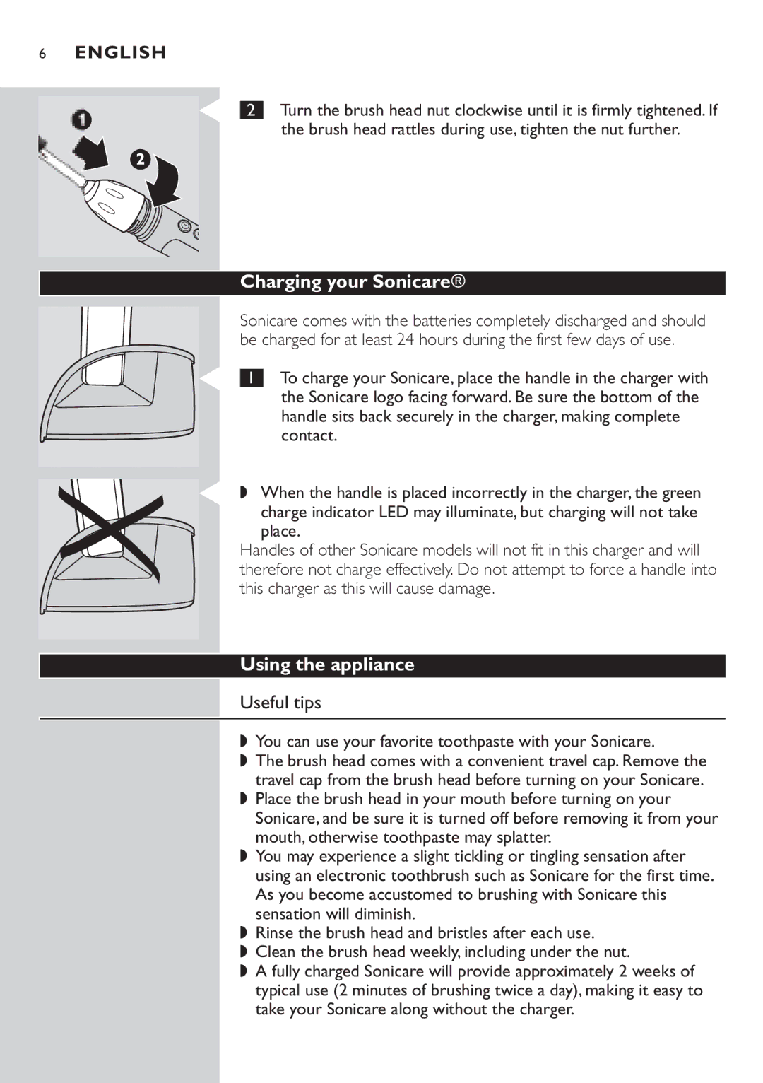 Philips 7800 manual Charging your Sonicare, Using the appliance, Useful tips 