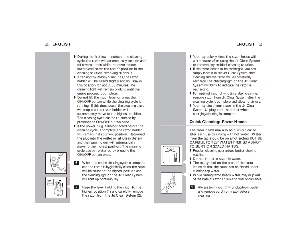 Philips 7800XLCC manual Quick Cleaning Razor Heads, Will light up continuously, Raise the lever holding the razor to 