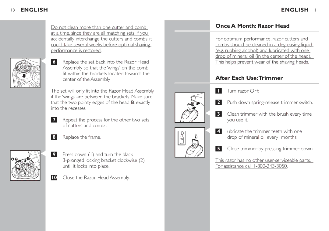 Philips 7810XL manual Once a Month Razor Head, After Each UseTrimmer 
