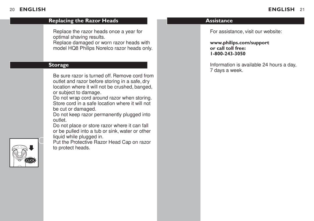 Philips 7810XL manual Replacing the Razor Heads, Storage, Assistance 
