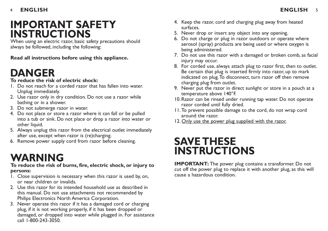 Philips 7810XL manual Save These Instructions 