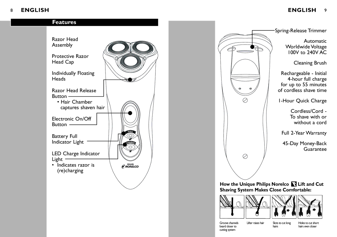 Philips 7810XL manual Features, Cordless shave time Hour Quick Charge, Full 2-Year Warranty Day Money-Back Guarantee 