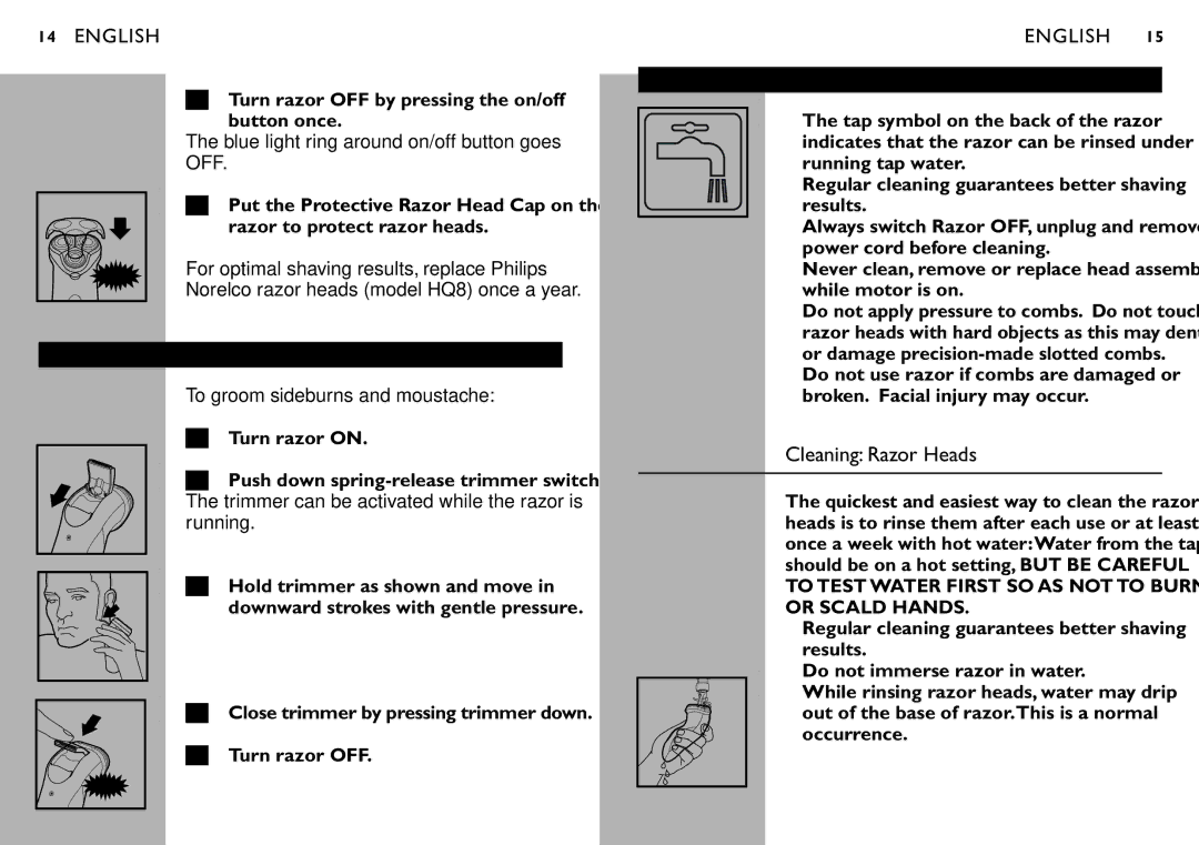 Philips 7810XL manual Trimming, Cleaning Razor Heads 