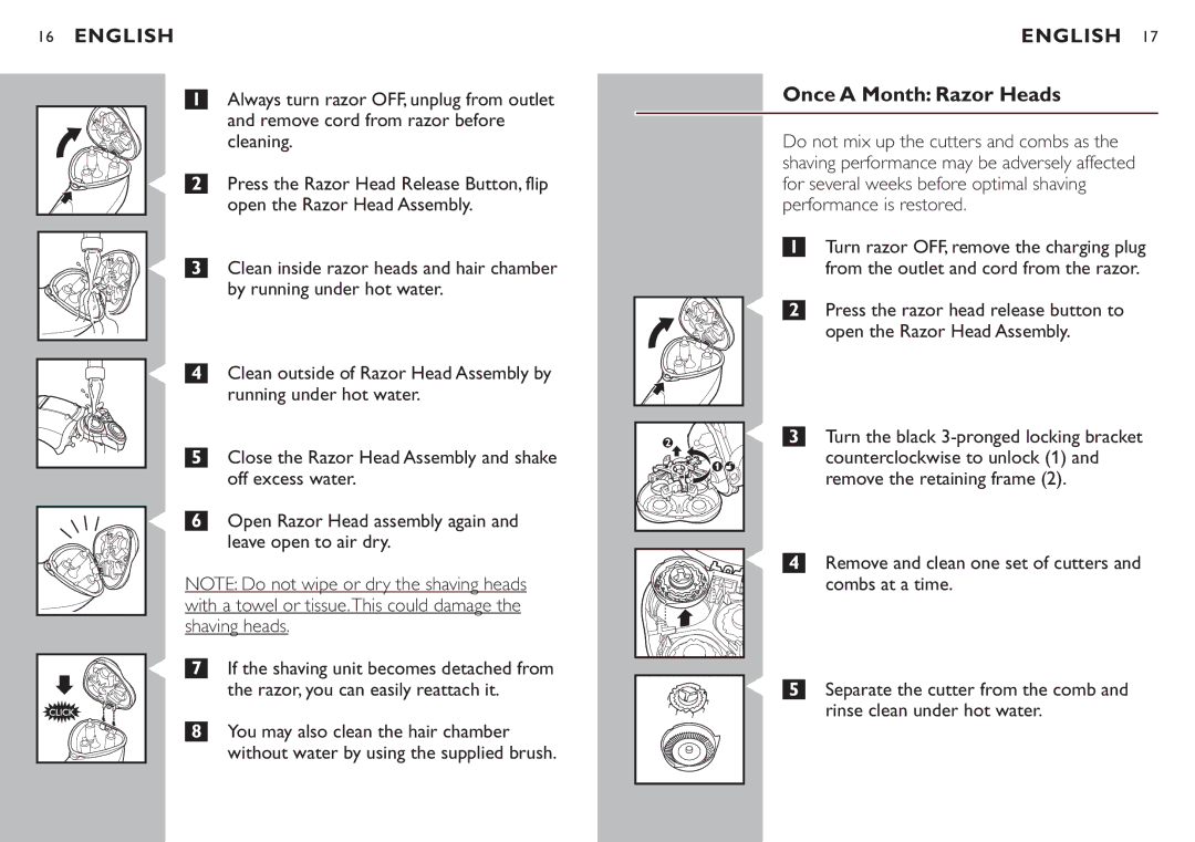 Philips 7810XL manual Once a Month Razor Heads, Counterclockwise to unlock 1, Remove the retaining frame 