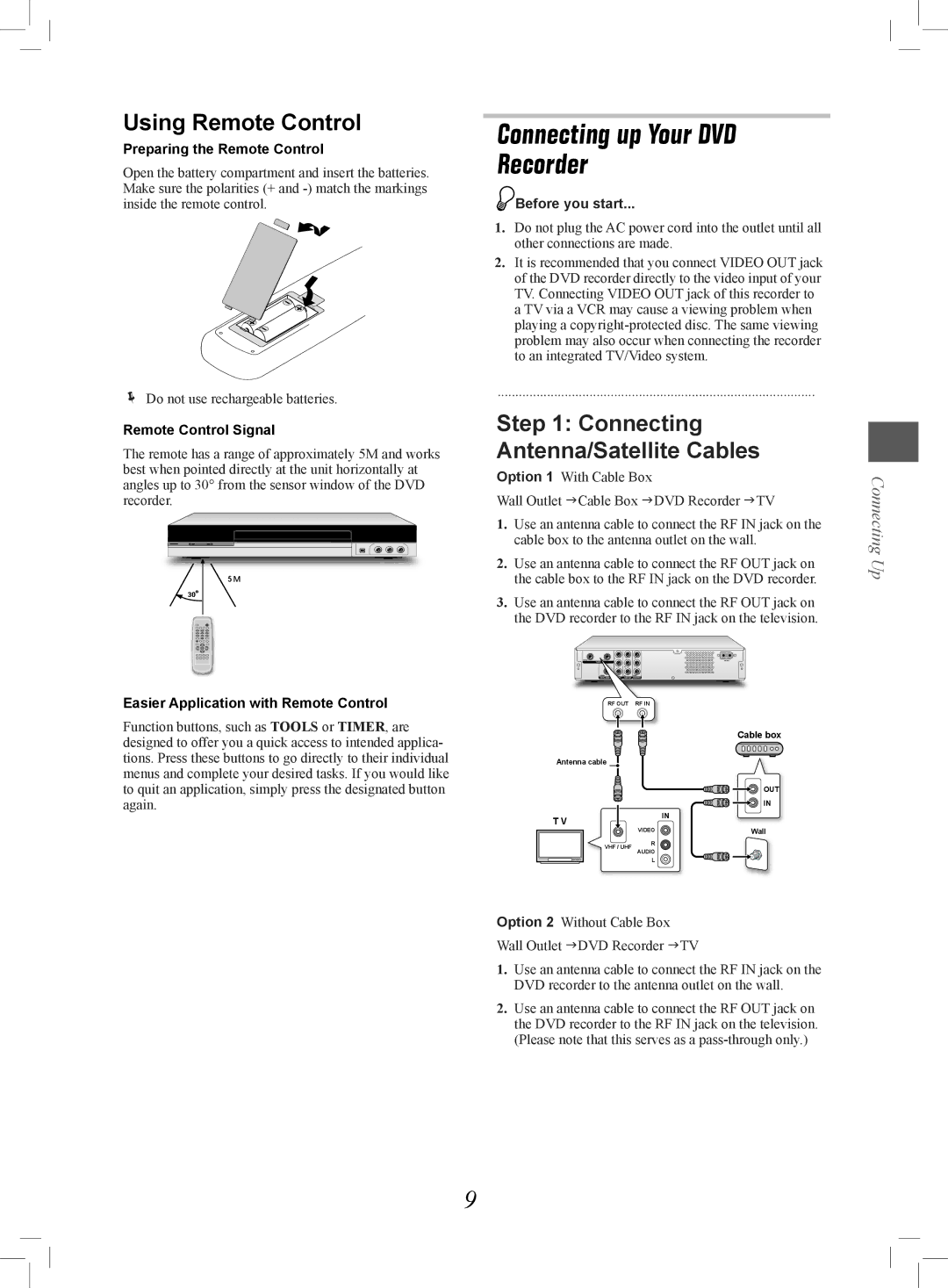 Philips 7819901511 manual Connecting up Your DVD Recorder, Using Remote Control, Connecting Antenna/Satellite Cables 