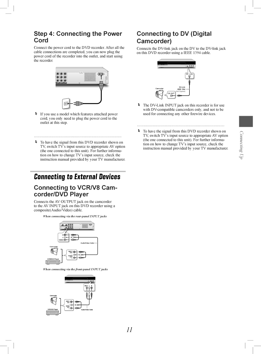 Philips 7819901511 manual Connecting the Power Cord, Connecting to VCR/V8 Cam- corder/DVD Player 