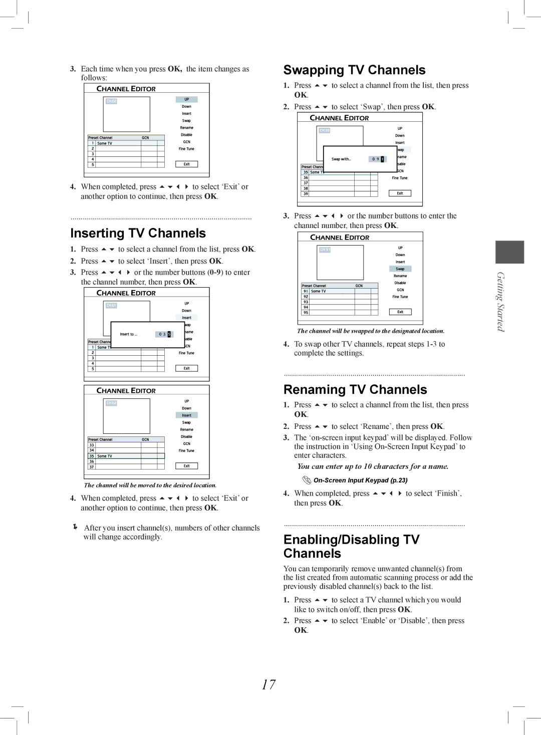 Philips 7819901511 manual Inserting TV Channels, Swapping TV Channels, Renaming TV Channels, Enabling/Disabling TV Channels 