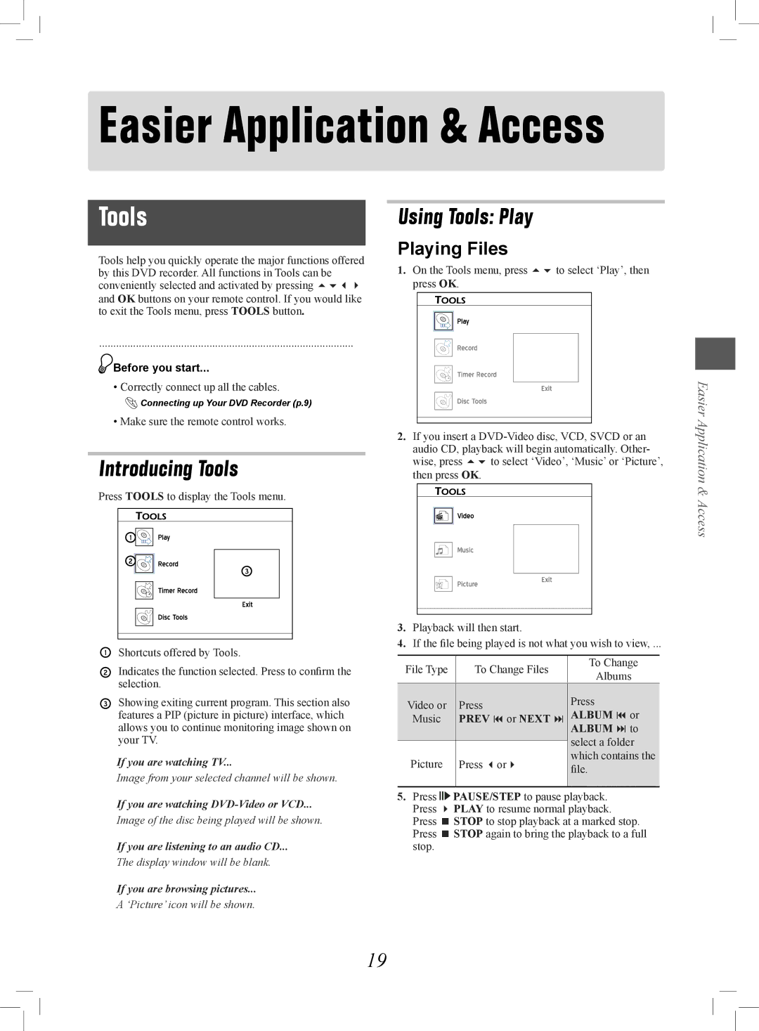 Philips 7819901511 manual Introducing Tools, Using Tools Play, Playing Files 