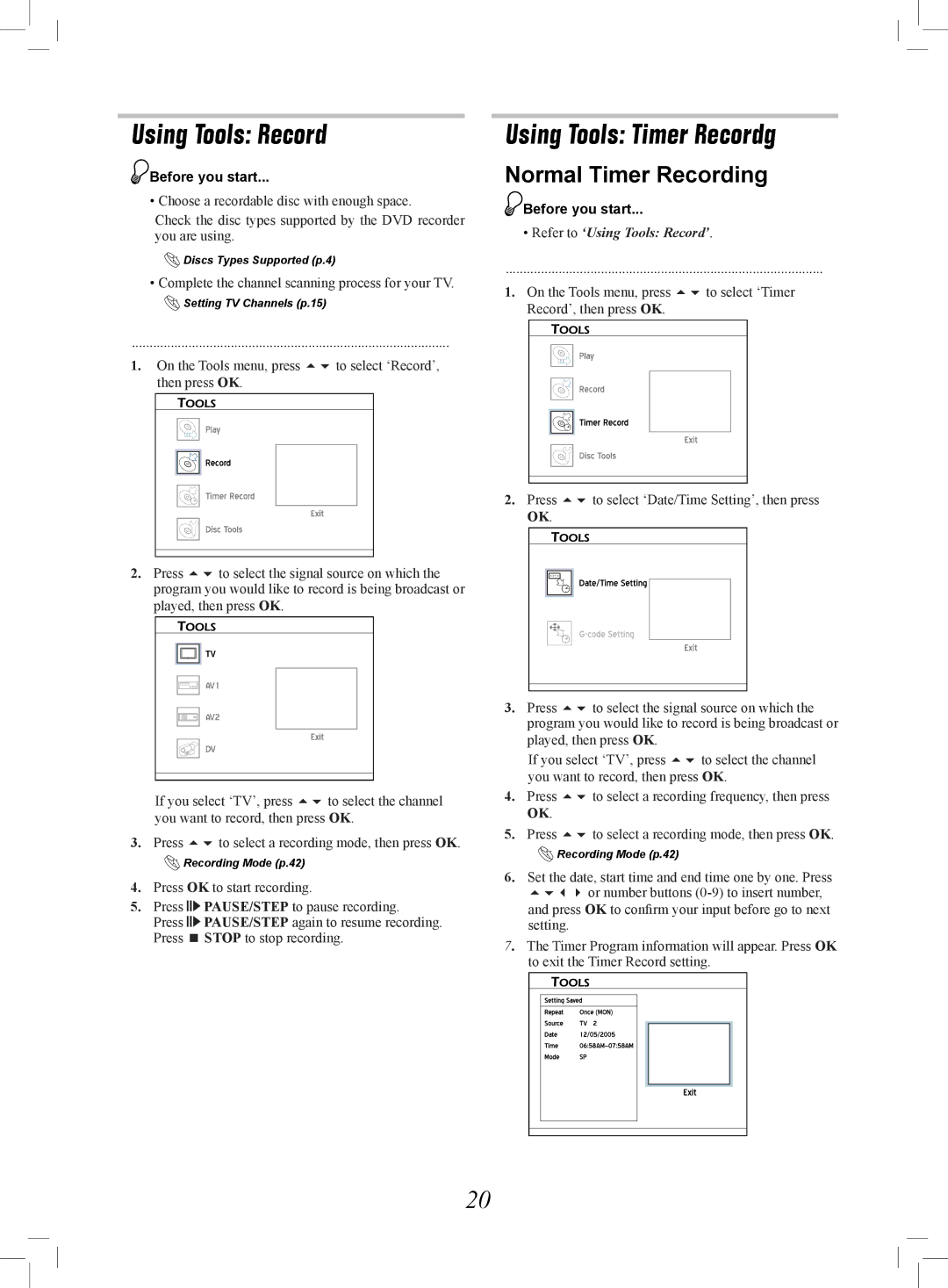 Philips 7819901511 manual Using Tools Record, Using Tools Timer Recordg, Normal Timer Recording 