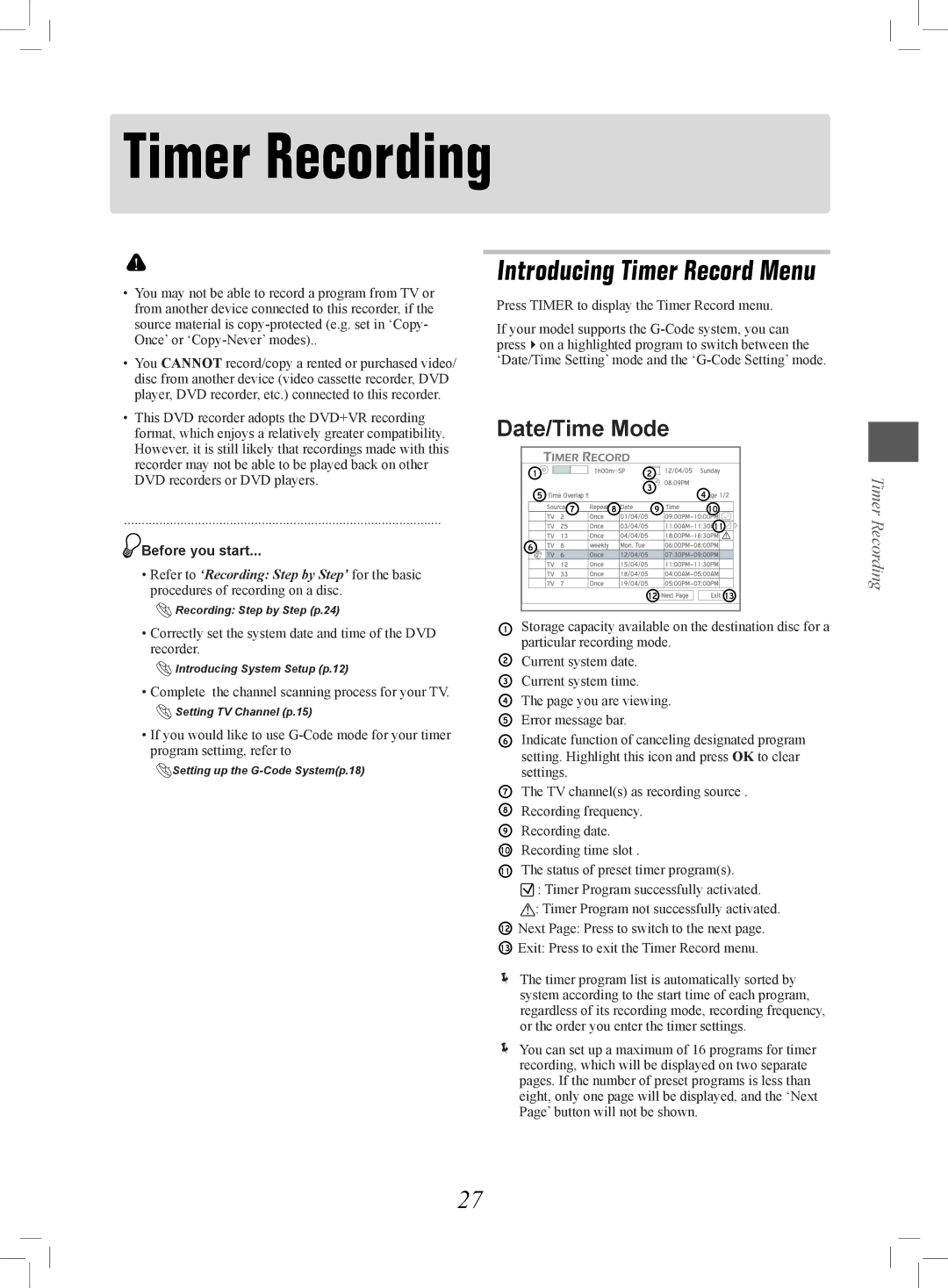 Philips 7819901511 manual Timer Recording, Date/Time Mode 