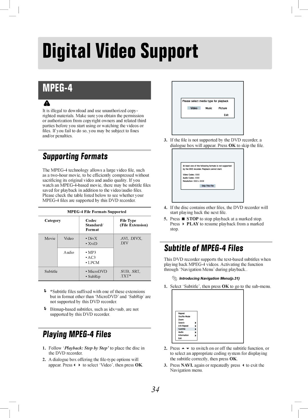 Philips 7819901511 manual Digital Video Support, Supporting Formats, Subtitle of MPEG-4 Files, Playing MPEG-4 Files 