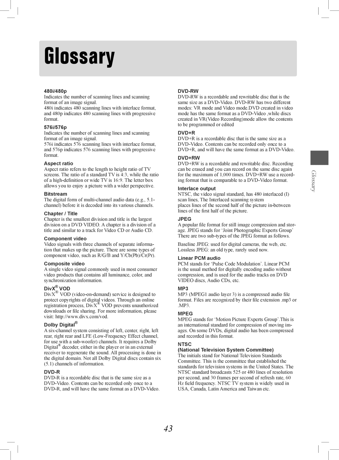 Philips 7819901511 manual Glossary, 480i/480p 