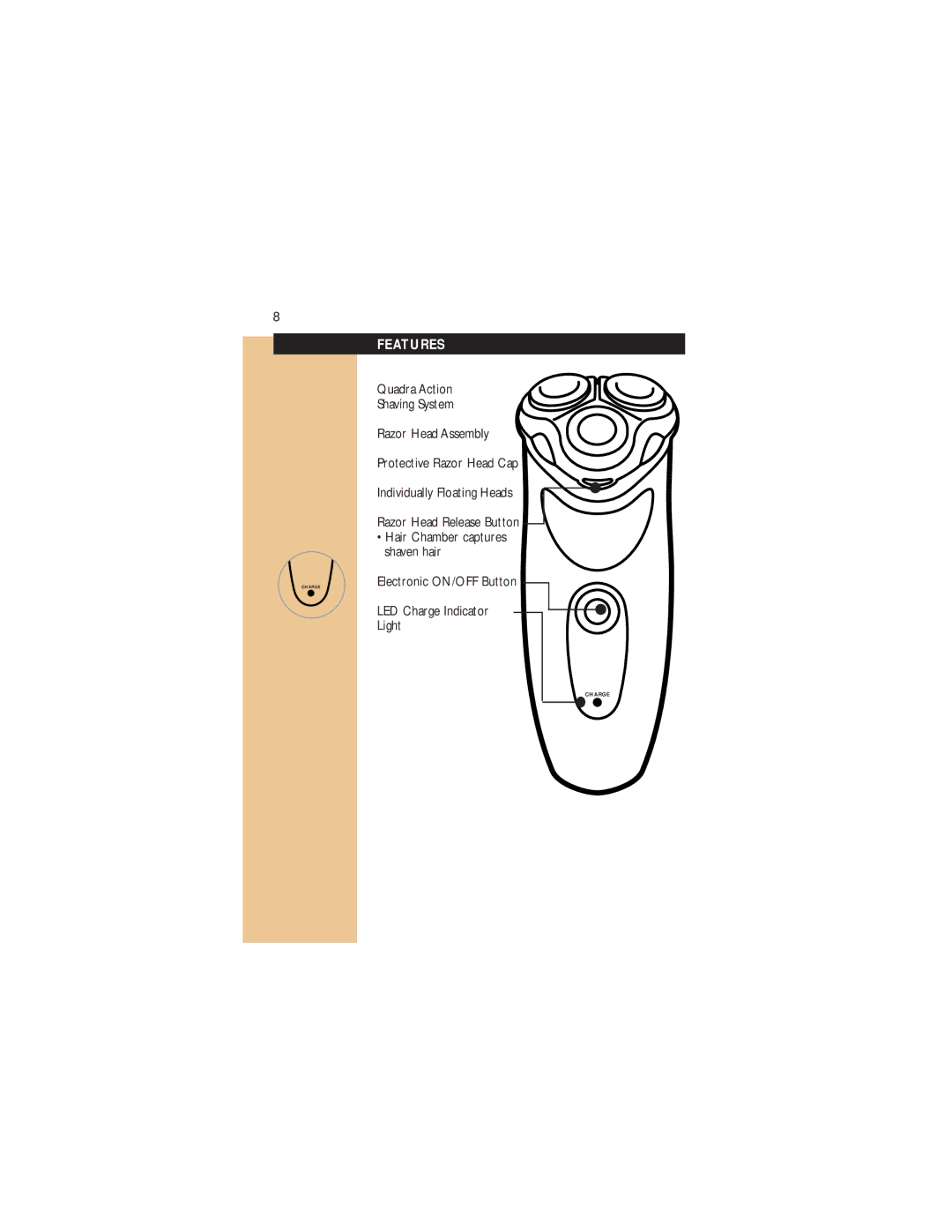 Philips 7825XL manual Features, Electronic ON/OFF Button LED Charge Indicator Light 