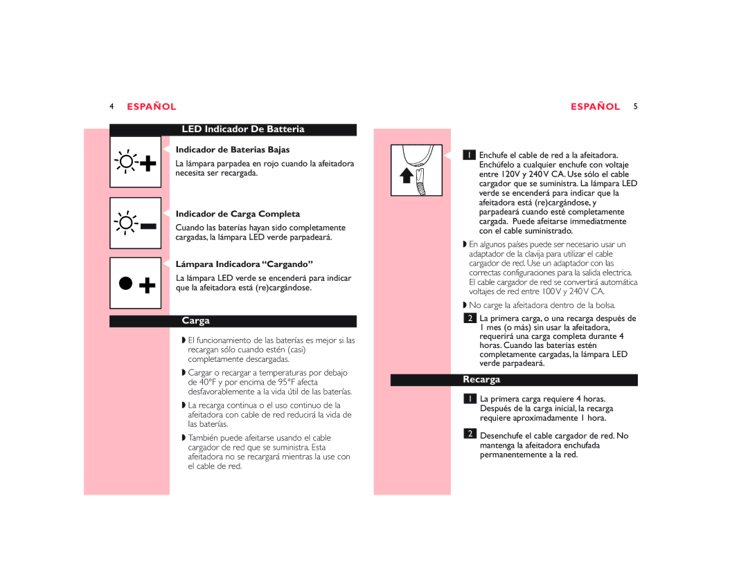 Philips 7845 XL manual LED Indicador De Batteria, Carga, Recarga 