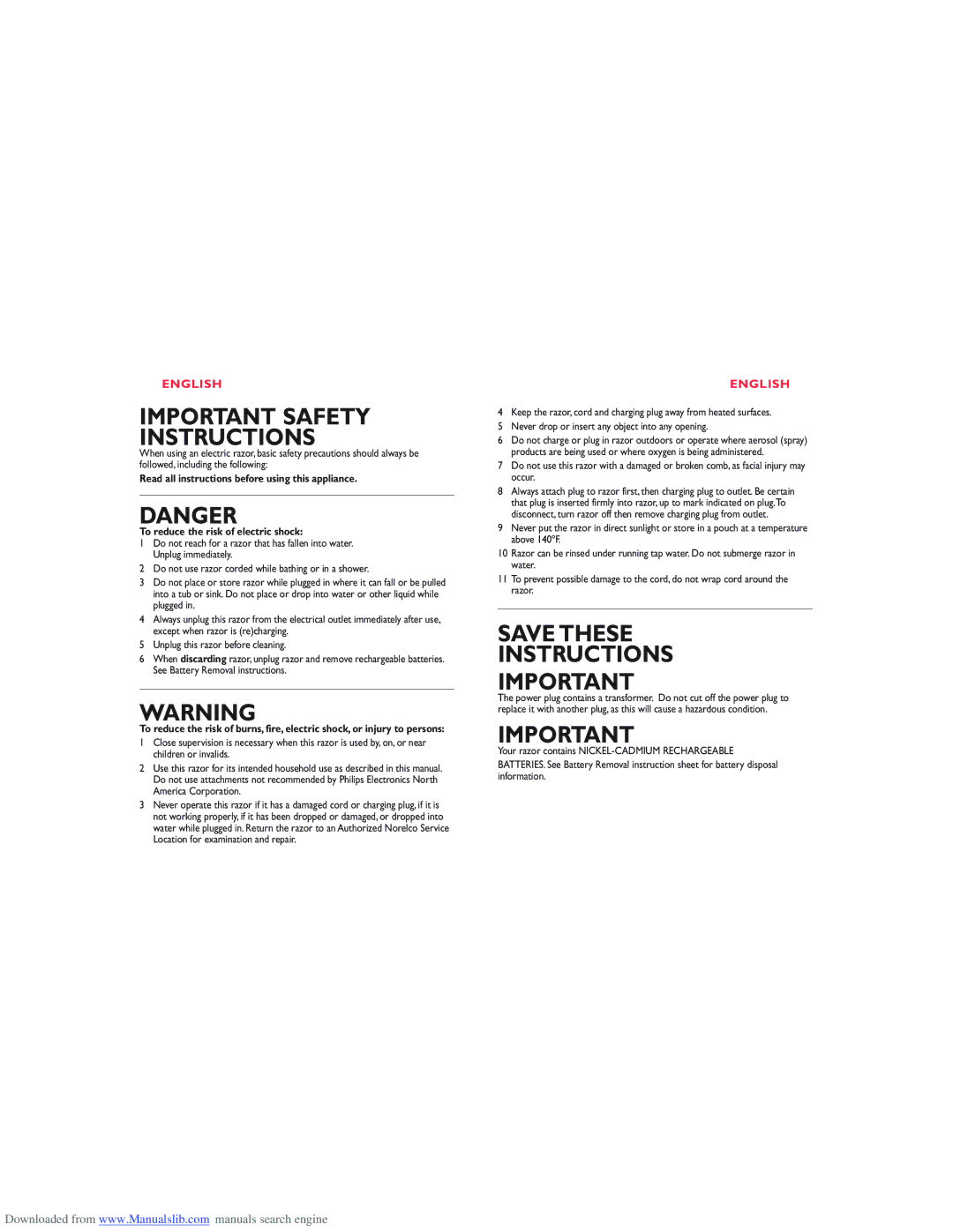 Philips 7864XL, 7865XL manual Important Safety Instructions 