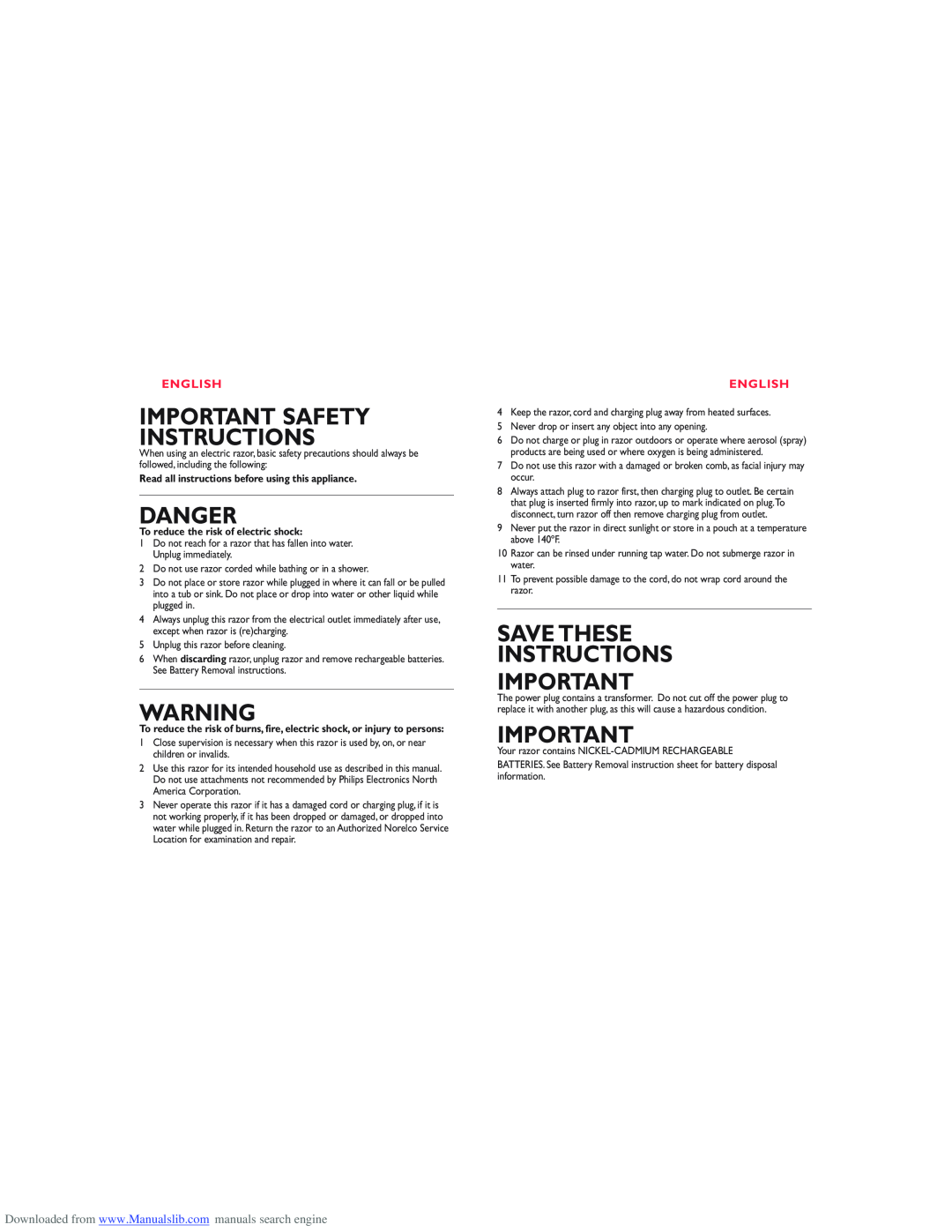 Philips 7864XL, 7865XL manual Important Safety Instructions, Danger, Save These Instructions, English 