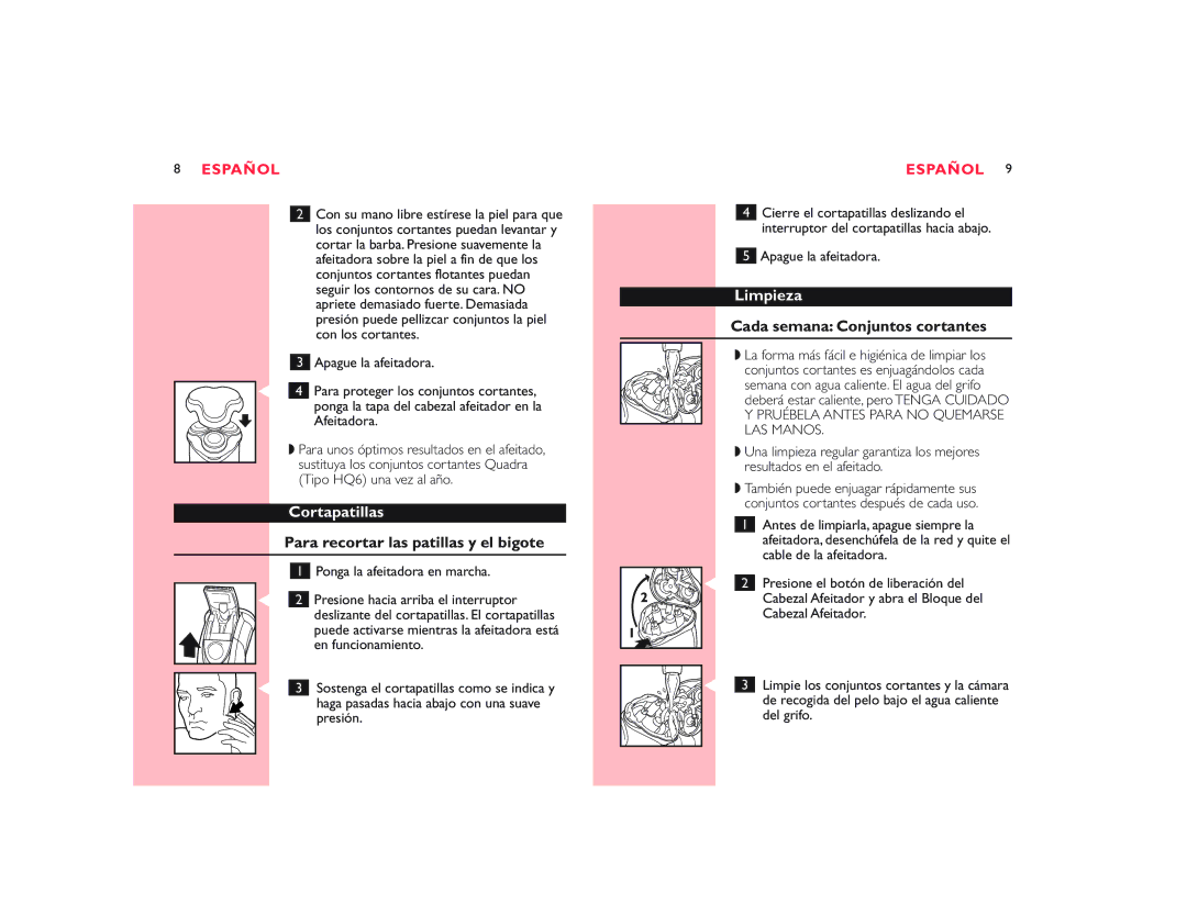 Philips 7864XL, 7866XL Cortapatillas, Para recortar las patillas y el bigote, Limpieza, Cada semana Conjuntos cortantes 