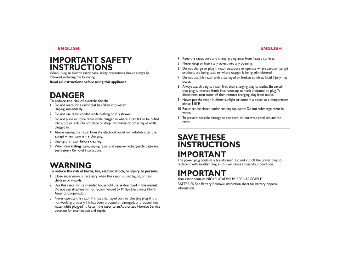 Philips 7865XL, 7864XL, 7866XL manual Important Safety Instructions 