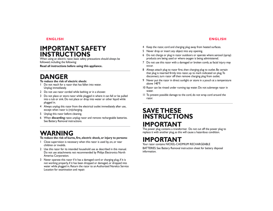 Philips 7865XL, 7864XL, 7866XL manual Important Safety Instructions, Danger, Save These Instructions, English 