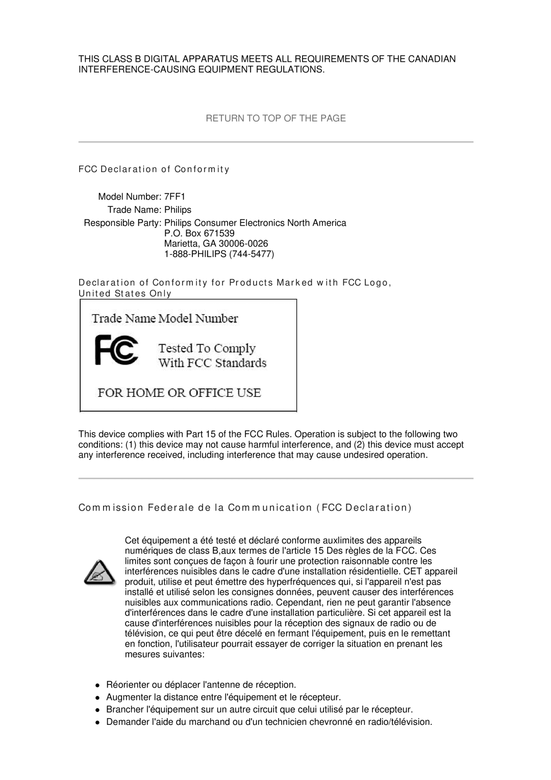 Philips 7FF1M4, 7FF1CMI, 7FF1CWO, 7FF1CME user manual Return To Top Of The Page, FCC Declaration of Conformity 