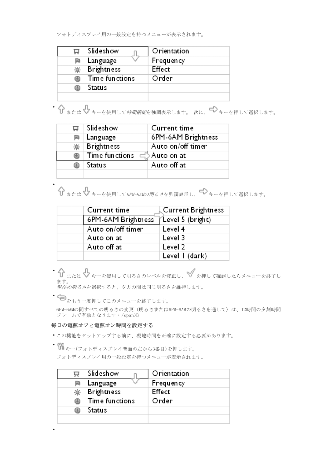 Philips 7FF1CME, 7FF1CMI, 7FF1CWO, 7FF1M4 user manual 毎日の電源オフと電源オン時間を設定する 