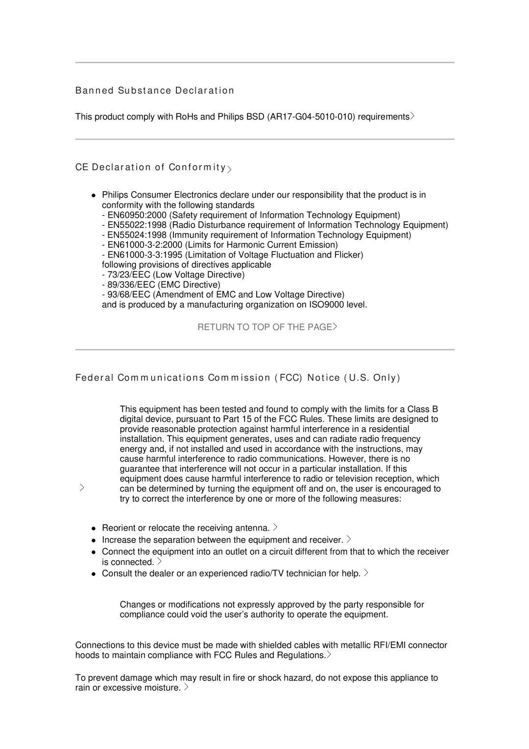 Philips 7FF1CME, 7FF1CMI, 7FF1CWO, 7FF1M4 user manual Banned Substance Declaration, CE Declaration of Conformity 