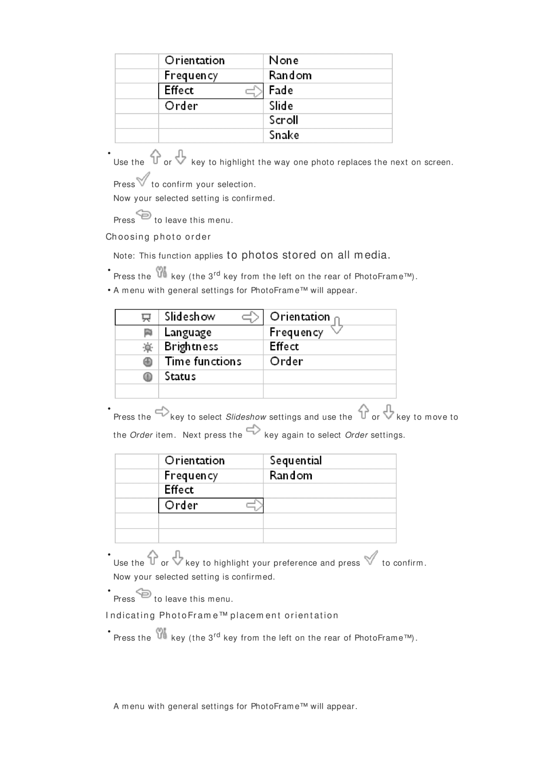 Philips 7FF1M4, 7FF1CMI, 7FF1CWO, 7FF1CME user manual Choosing photo order, Indicating PhotoFrame placement orientation 