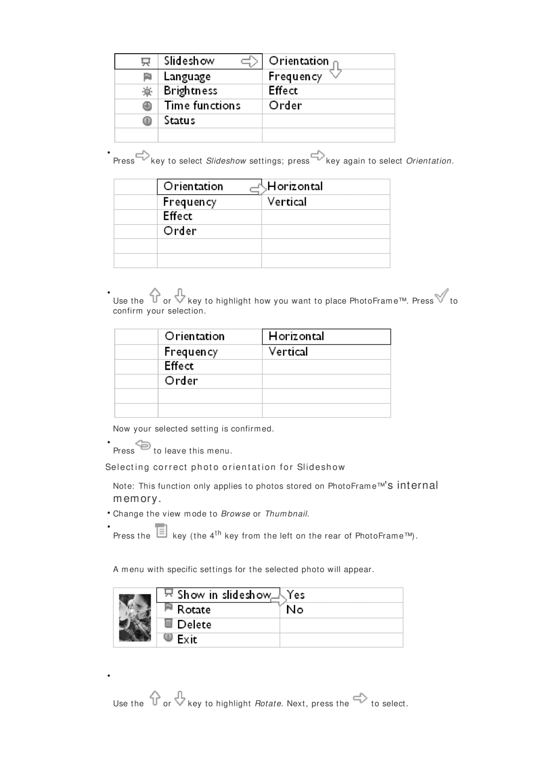 Philips 7FF1CMI, 7FF1CWO, 7FF1CME, 7FF1M4 user manual Memory, Selecting correct photo orientation for Slideshow 