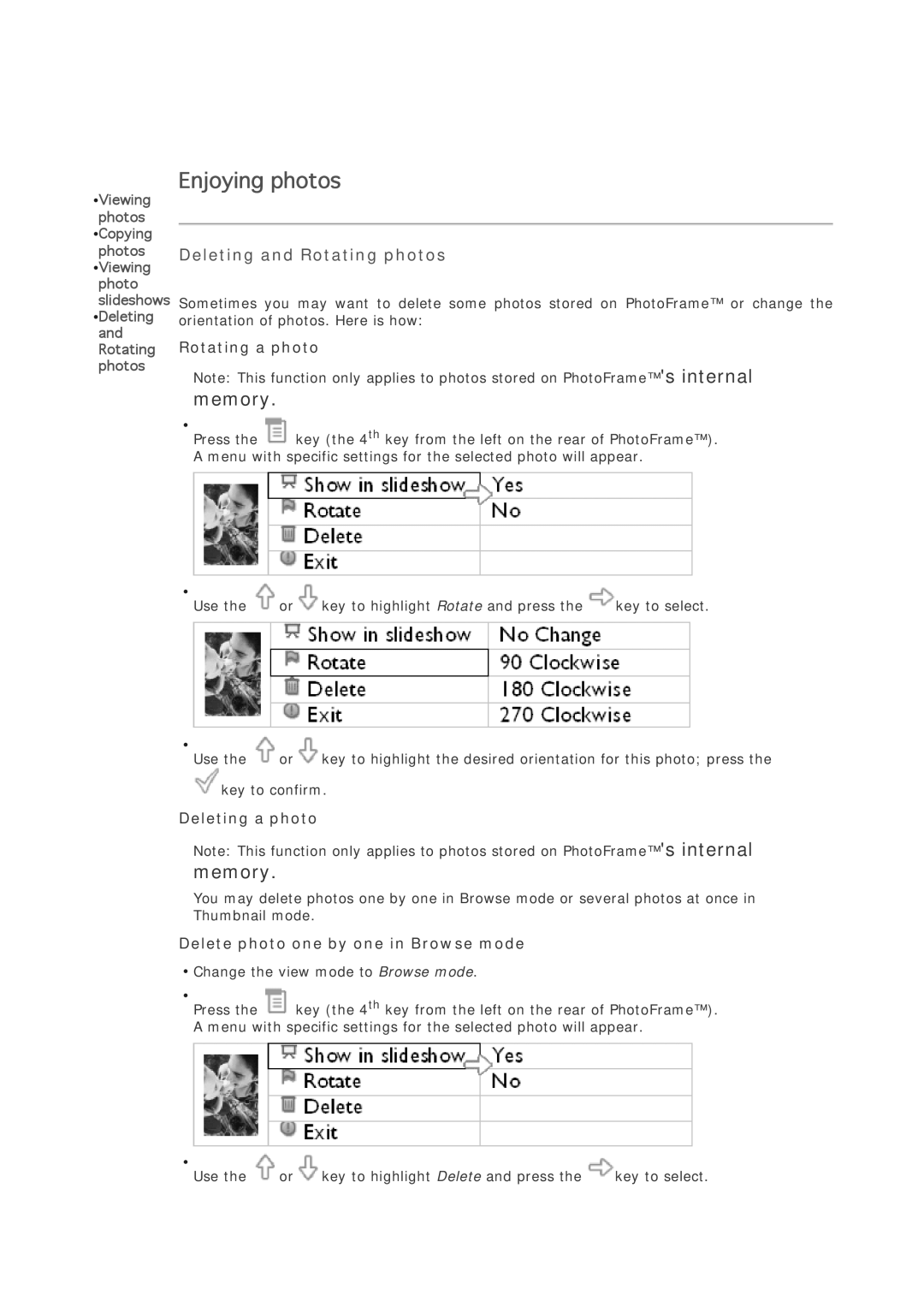 Philips 7FF1CME Deleting and Rotating photos, Rotating a photo, Deleting a photo, Delete photo one by one in Browse mode 