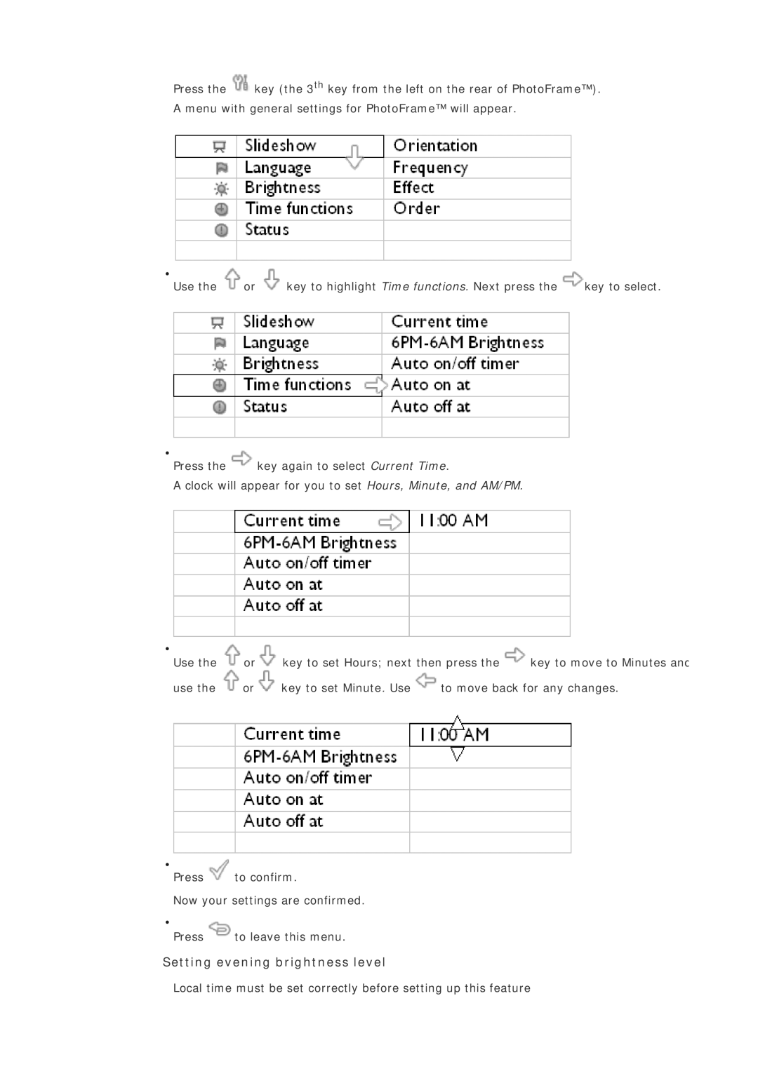 Philips 7FF1CWO, 7FF1CMI, 7FF1CME, 7FF1M4 user manual Setting evening brightness level 