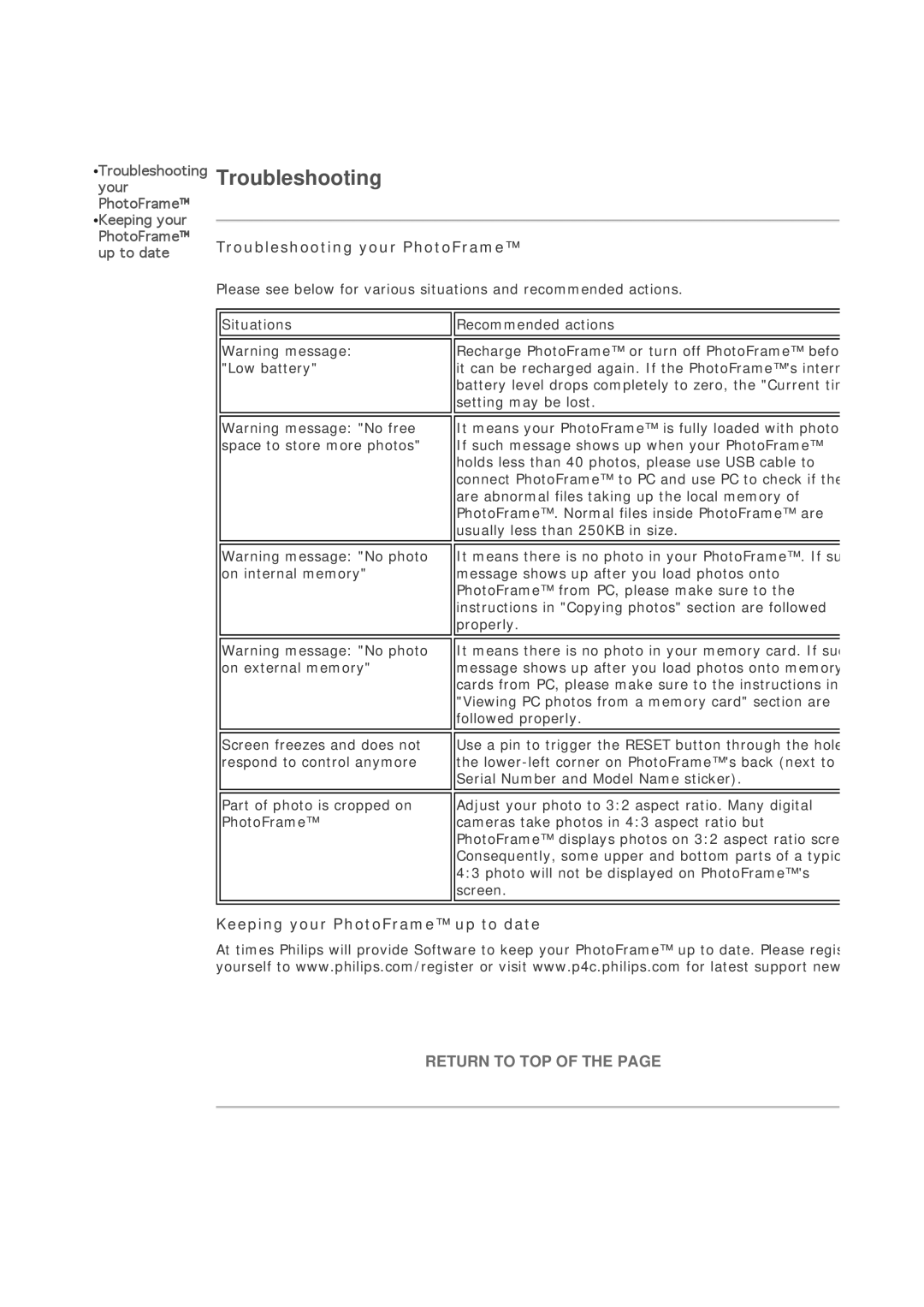 Philips 7FF1CWO, 7FF1CMI, 7FF1CME, 7FF1M4 user manual Troubleshooting your PhotoFrame, Keeping your PhotoFrame up to date 