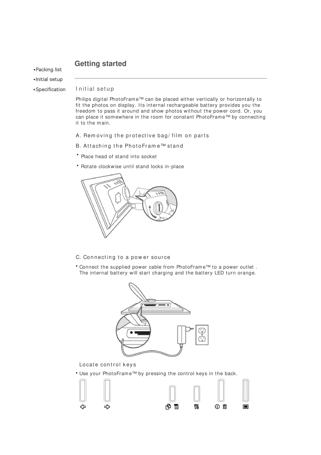 Philips 7FF1M4, 7FF1CMI, 7FF1CWO, 7FF1CME user manual Initial setup, Connecting to a power source, Locate control keys 