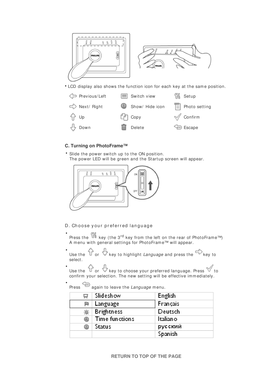 Philips 7FF1CMI, 7FF1CWO, 7FF1CME, 7FF1M4 user manual Turning on PhotoFrame, Choose your preferred language 