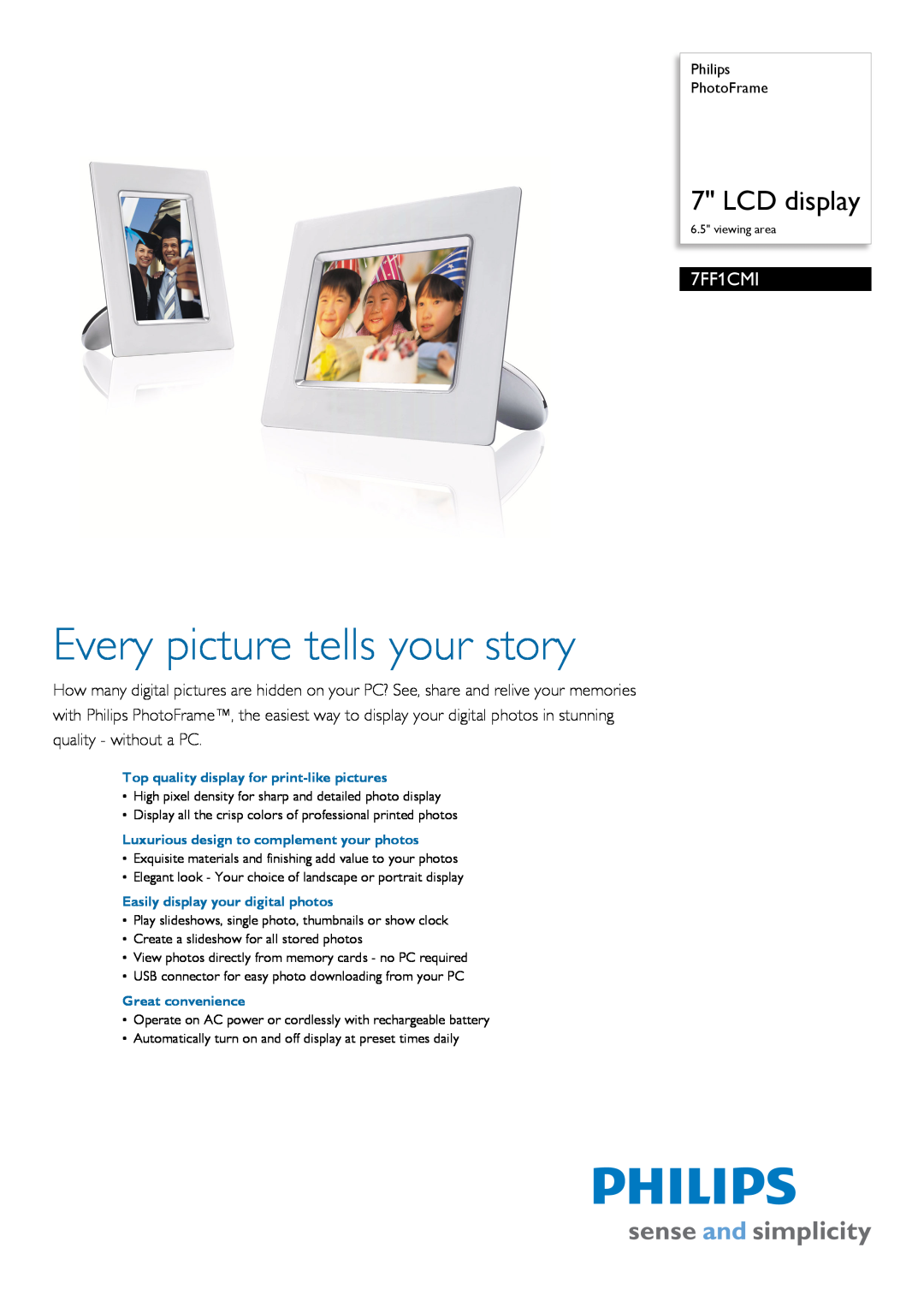 Philips 7FF1CMI/37 manual Philips PhotoFrame, Every picture tells your story, LCD display 