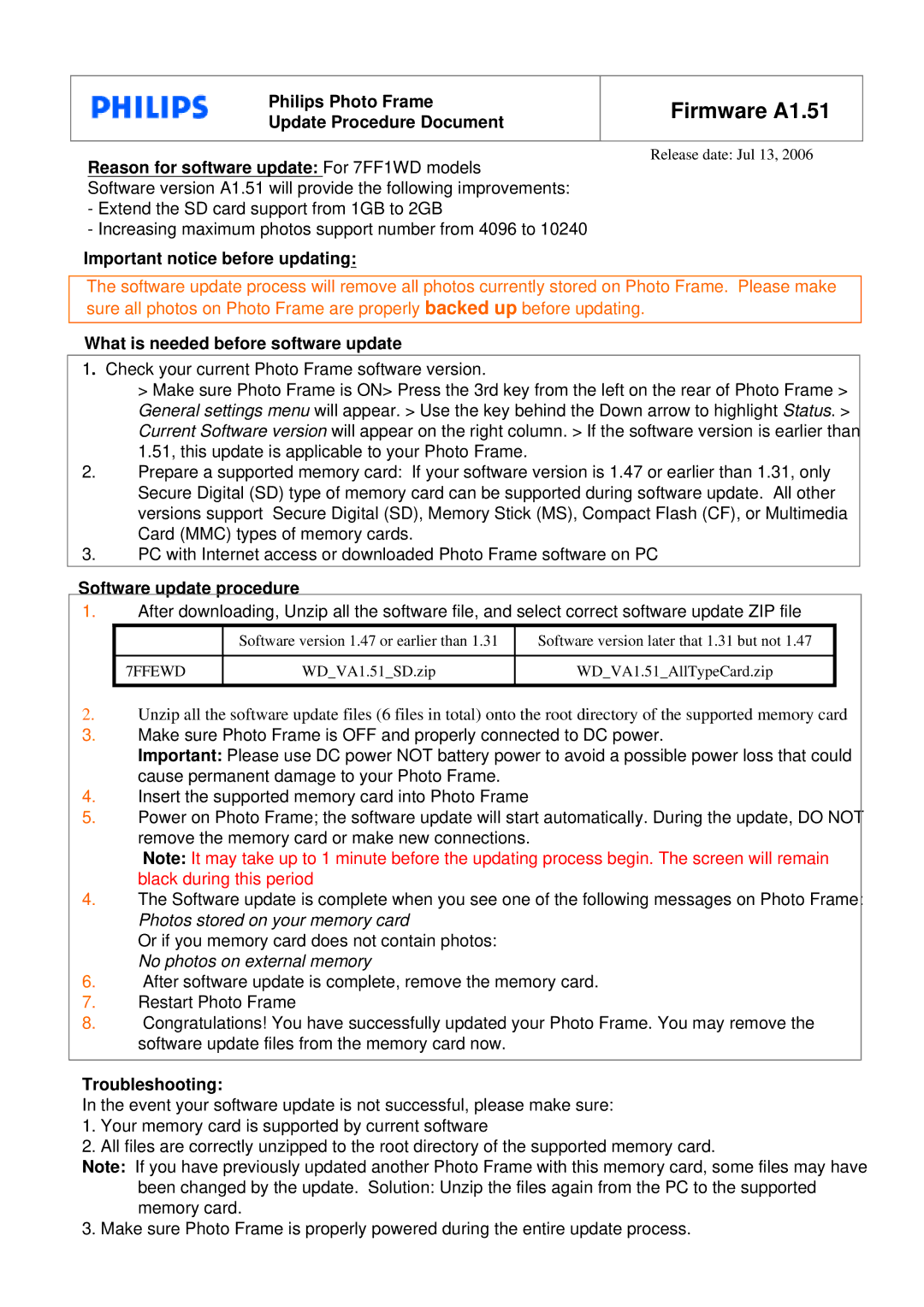 Philips 7FF1WD manual Firmware A1.51 