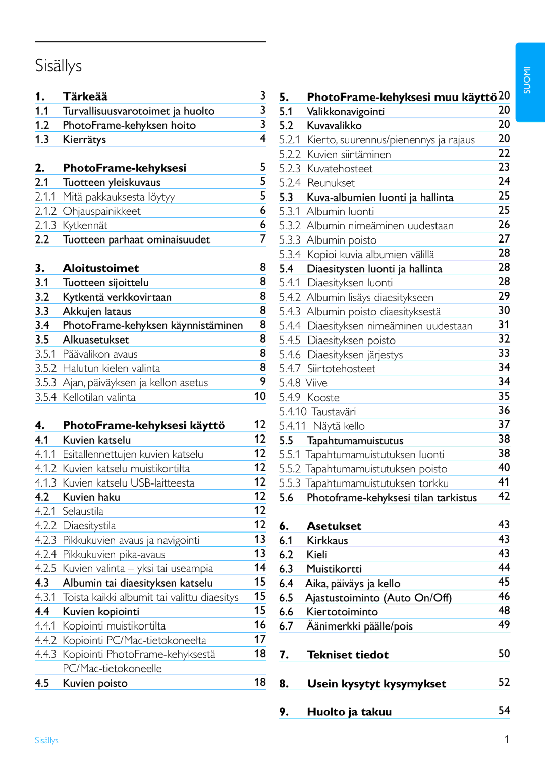 Philips 7FF2 Series, 10FF2 Series, 5FF2 Series manual Sisällys 