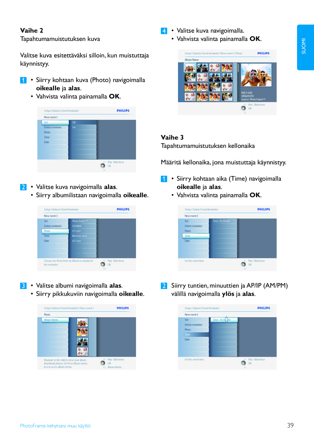 Philips 5FF2 Series, 7FF2 Series, 10FF2 Series manual Tapahtumamuistutuksen kellonaika 