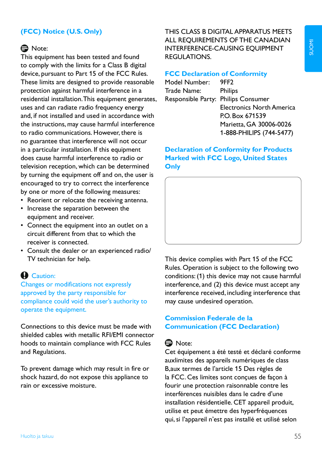 Philips 7FF2 Series, 10FF2 Series manual FCC Notice U.S. Only, FCC Declaration of Conformity, Model Number 9FF2 Trade Name 