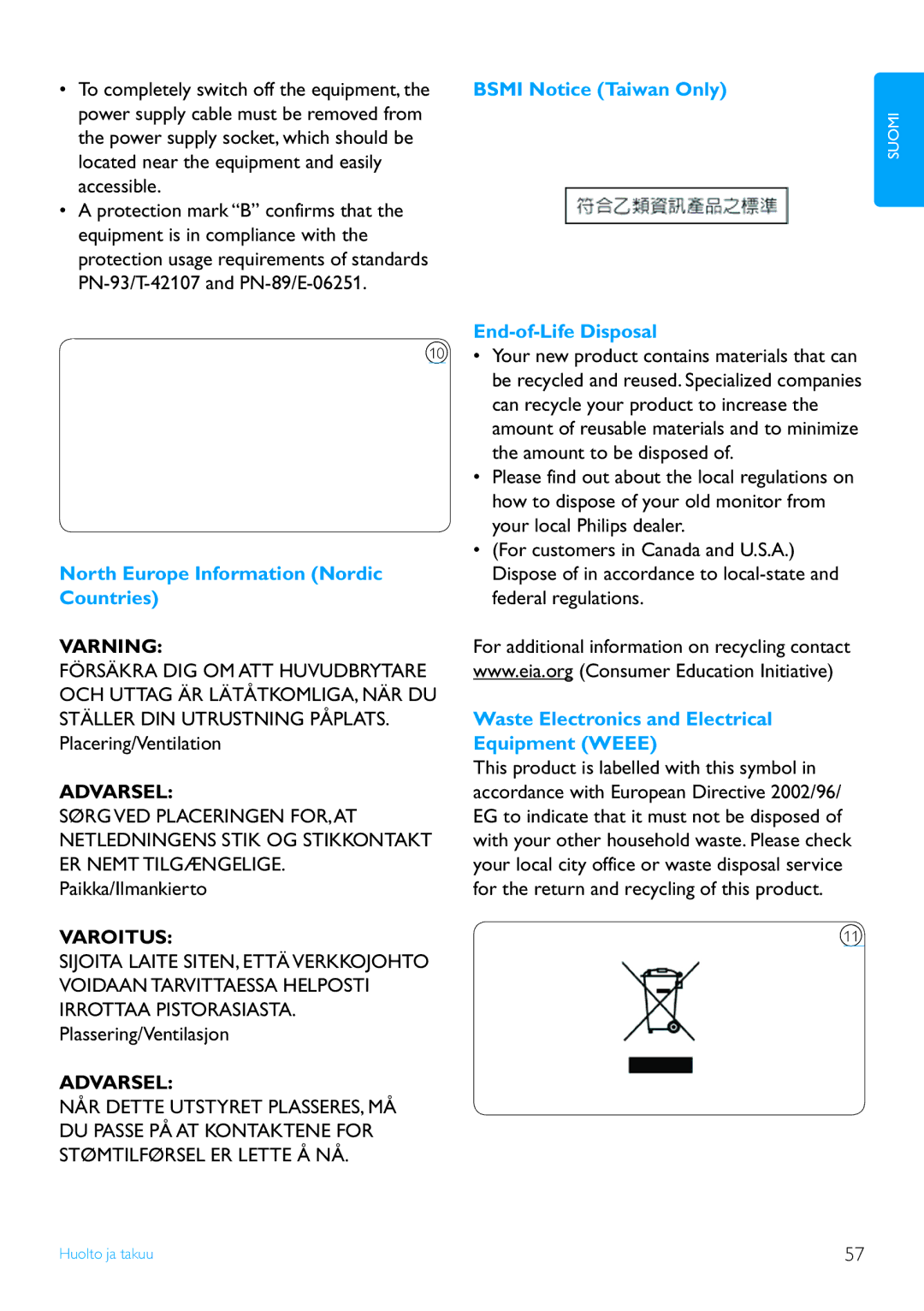 Philips 5FF2 Series, 7FF2 Series Bsmi Notice Taiwan Only, End-of-Life Disposal, North Europe Information Nordic, Countries 