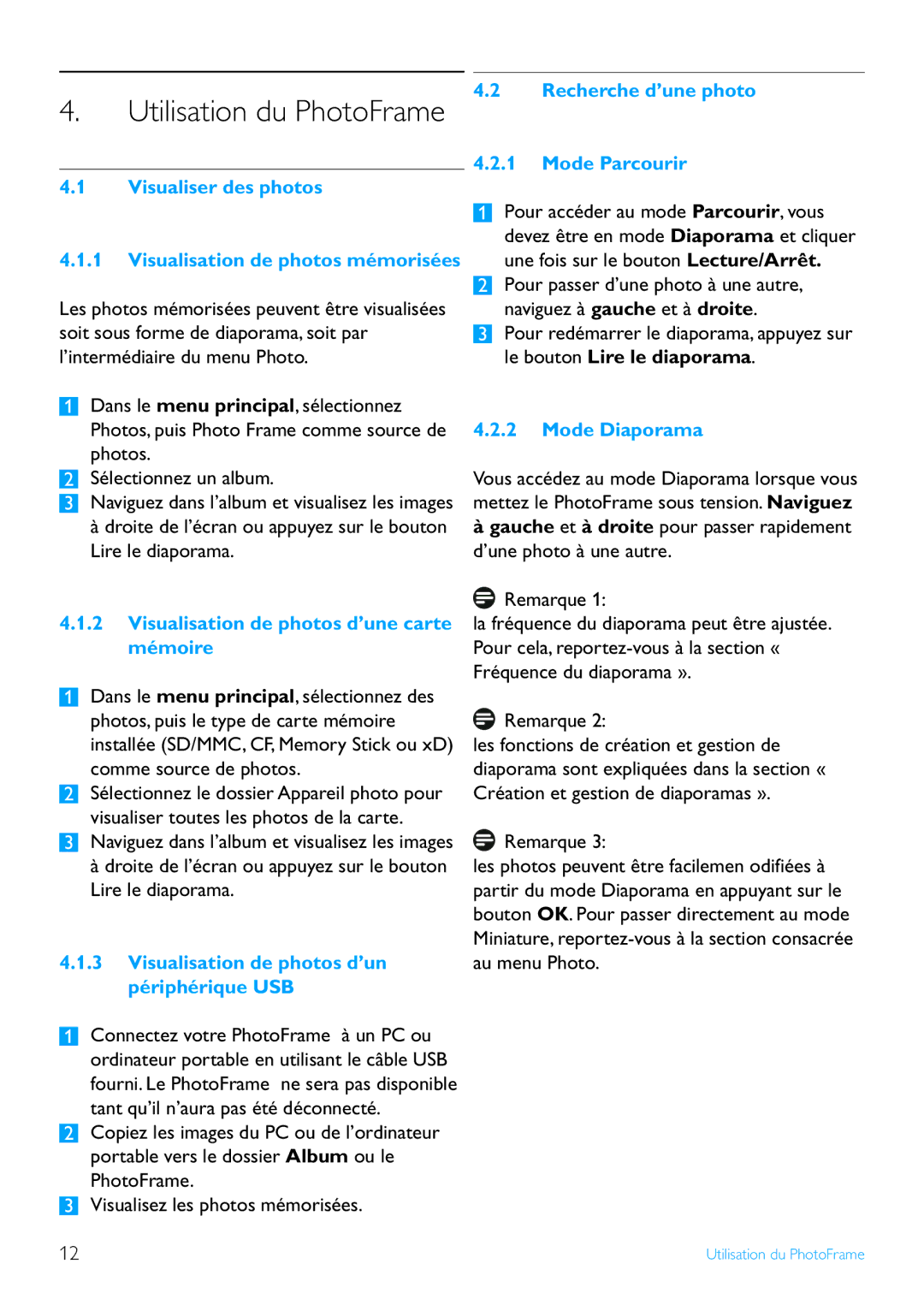 Philips 7FF2 manual Utilisation du PhotoFrame, Visualisation de photos d’une carte mémoire, Mode Parcourir, Mode Diaporama 