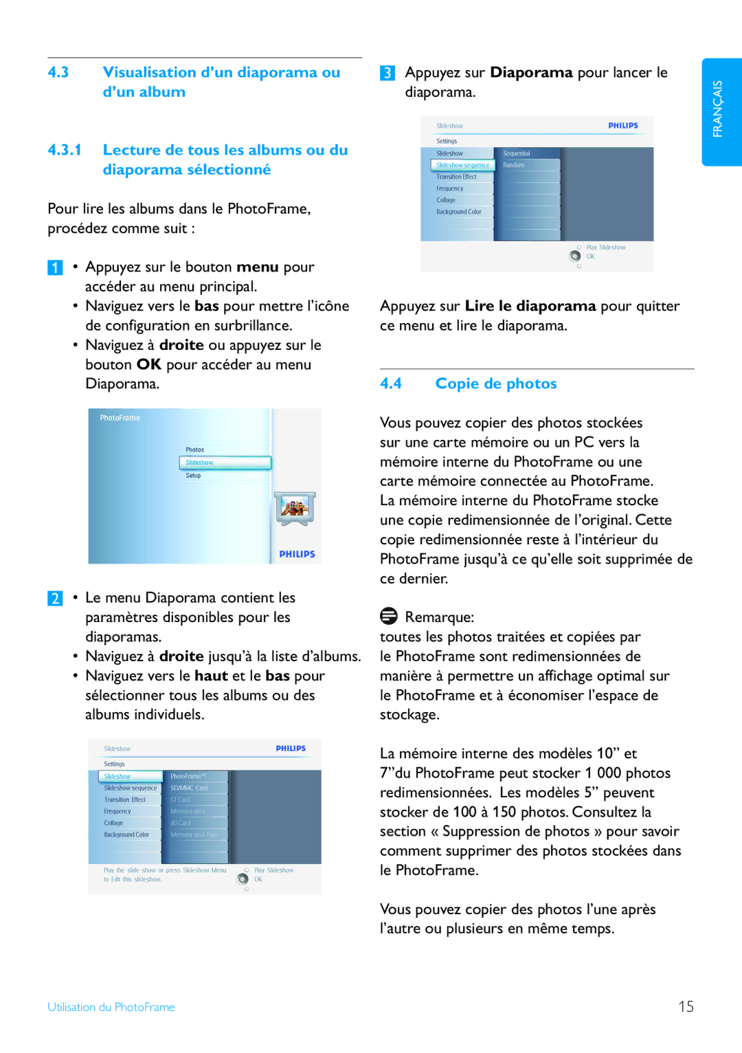 Philips 7FF2 manual Copie de photos 