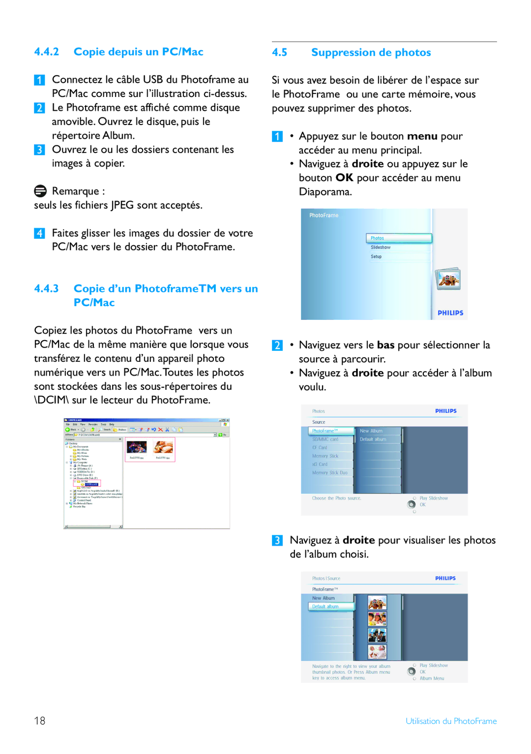 Philips 7FF2 manual Copie depuis un PC/Mac, Copie d’un PhotoframeTM vers un PC/Mac 