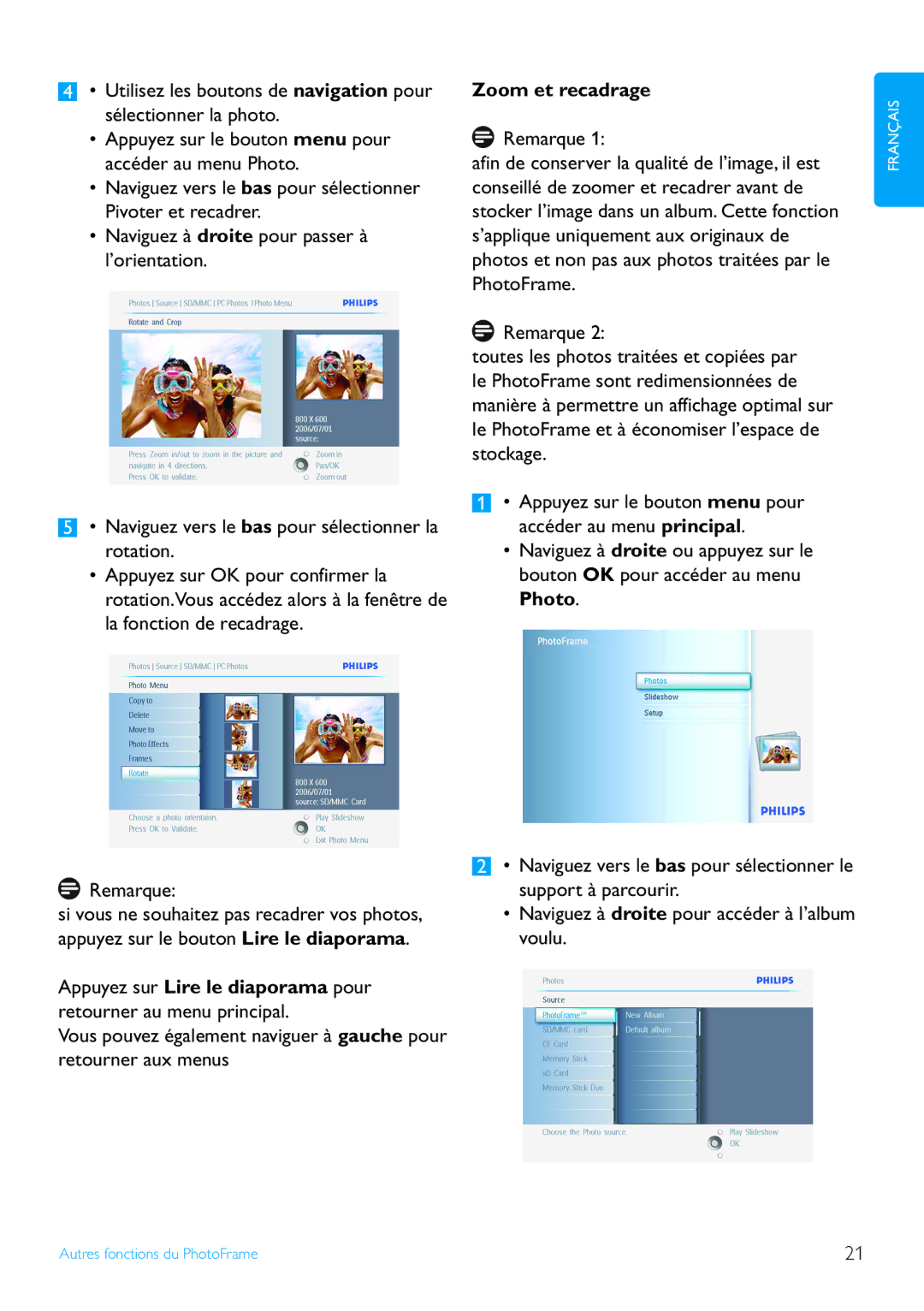 Philips 7FF2 manual Zoom et recadrage 