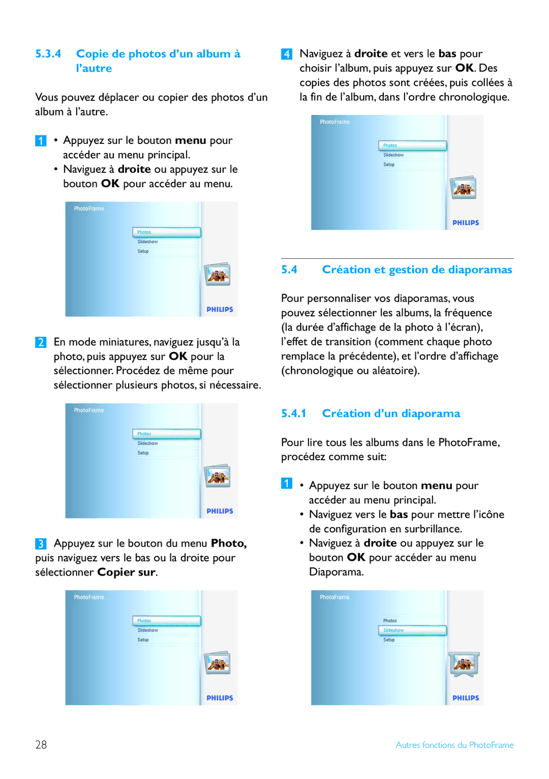 Philips 7FF2 manual Copie de photos d’un album à l’autre, Création et gestion de diaporamas, 1 Création d’un diaporama 