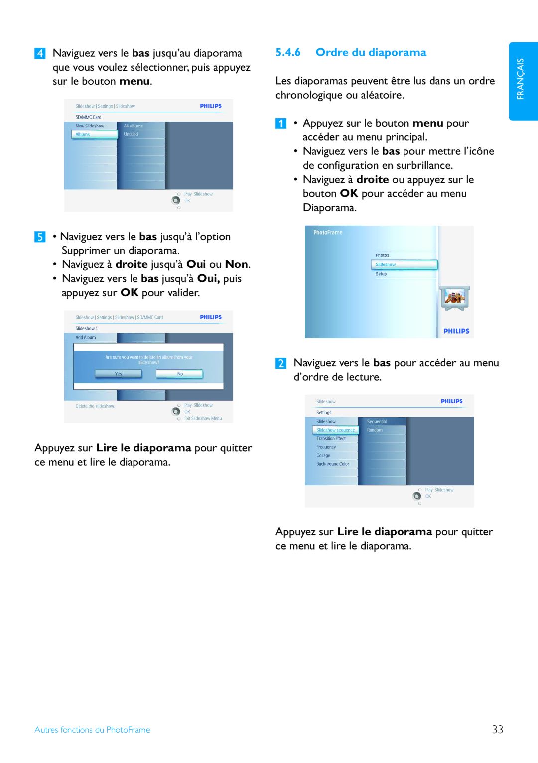 Philips 7FF2 manual Ordre du diaporama 