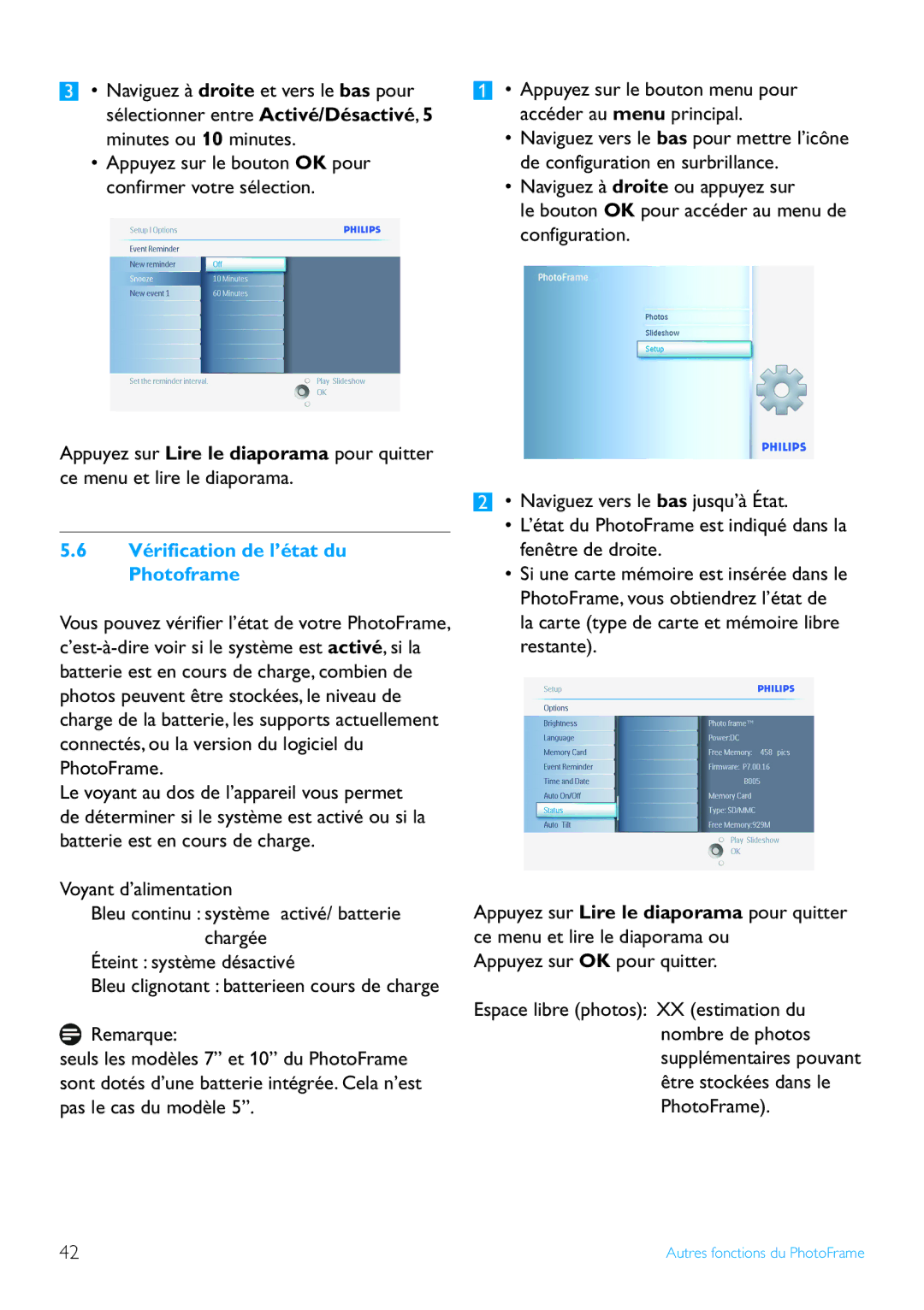 Philips 7FF2 manual Vérification de l’état du Photoframe 