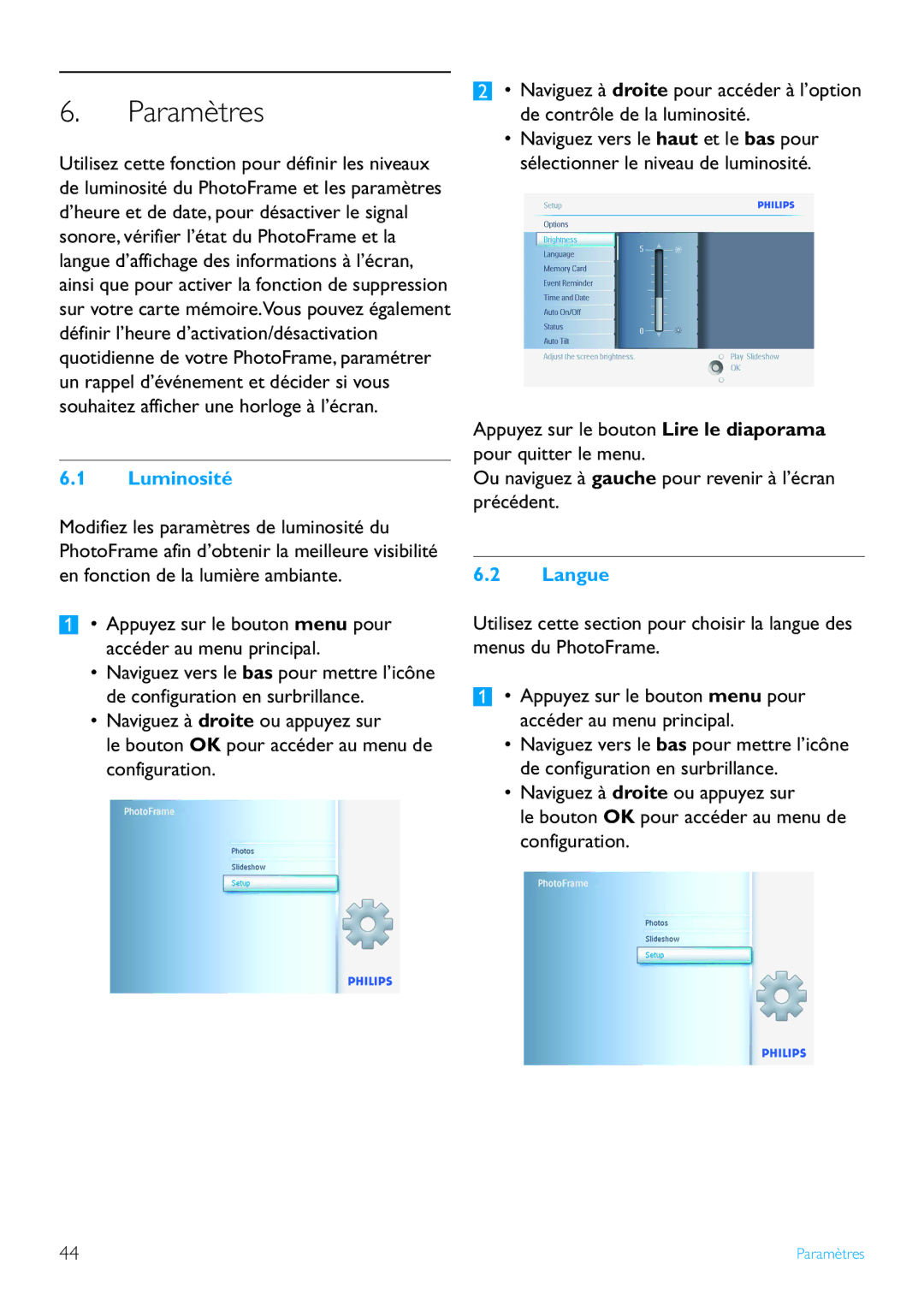 Philips 7FF2 manual Paramètres, Luminosité, Langue 