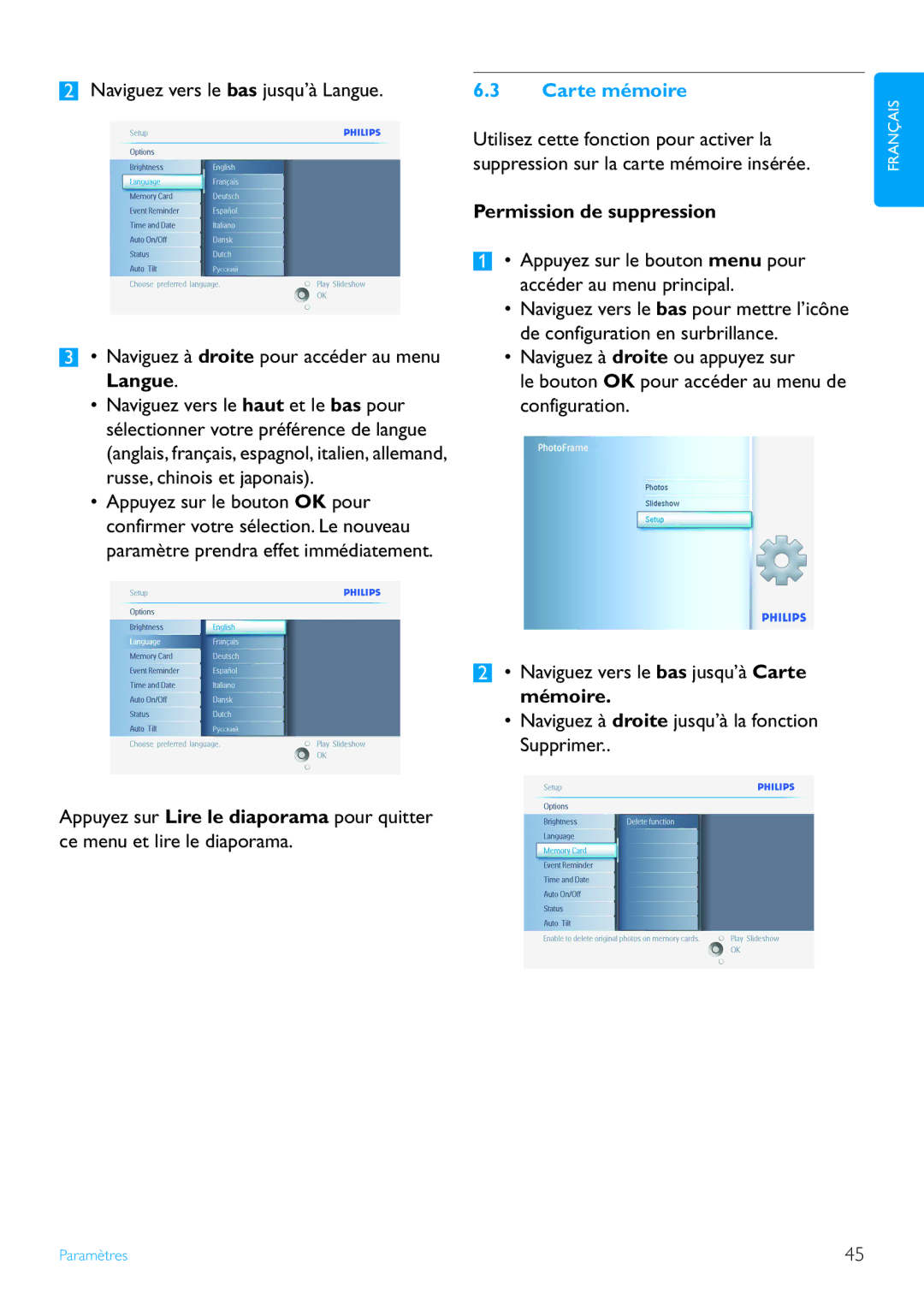 Philips 7FF2 manual Carte mémoire, Permission de suppression 