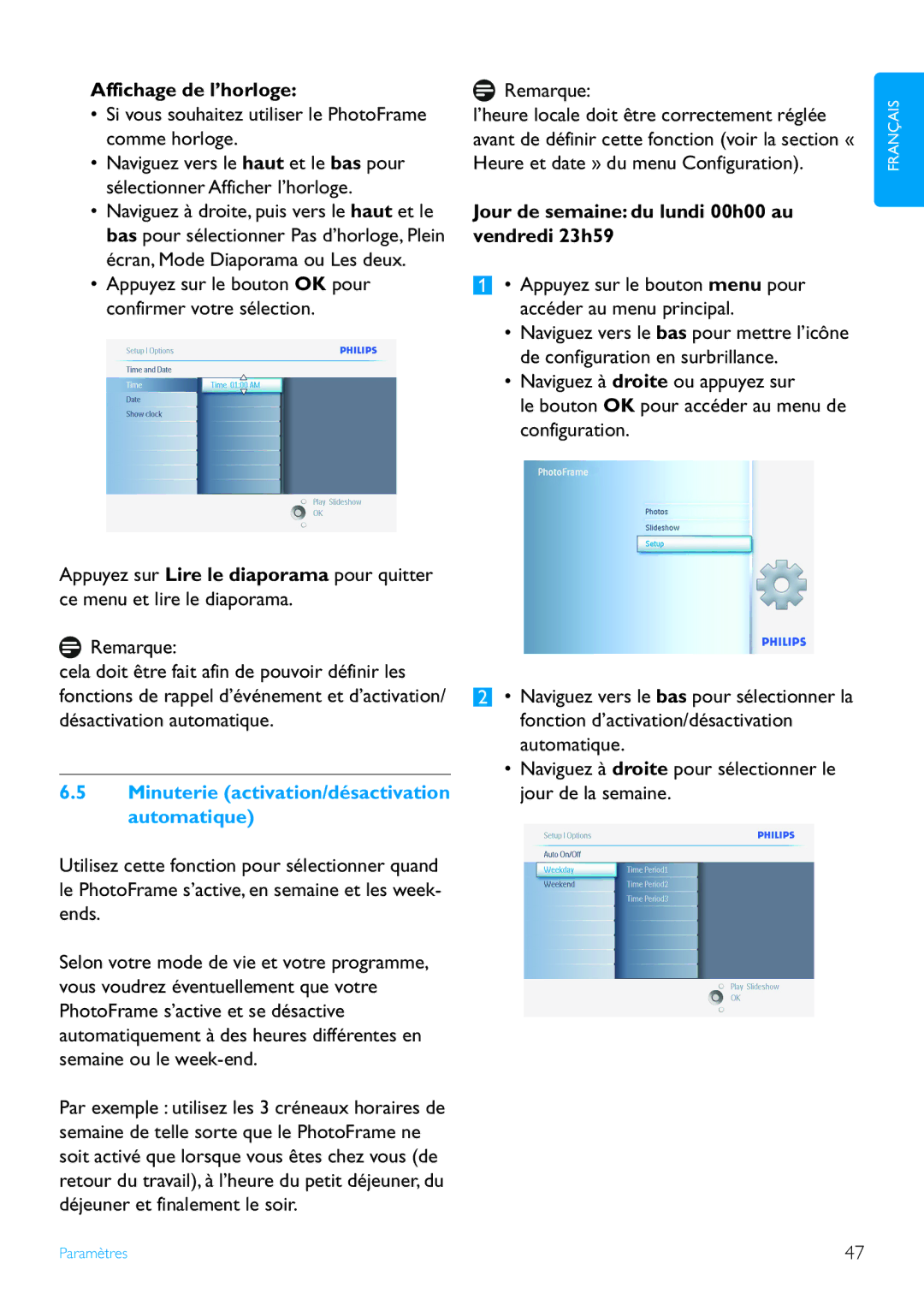 Philips 7FF2 manual Affichage de l’horloge, Minuterie activation/désactivation automatique 