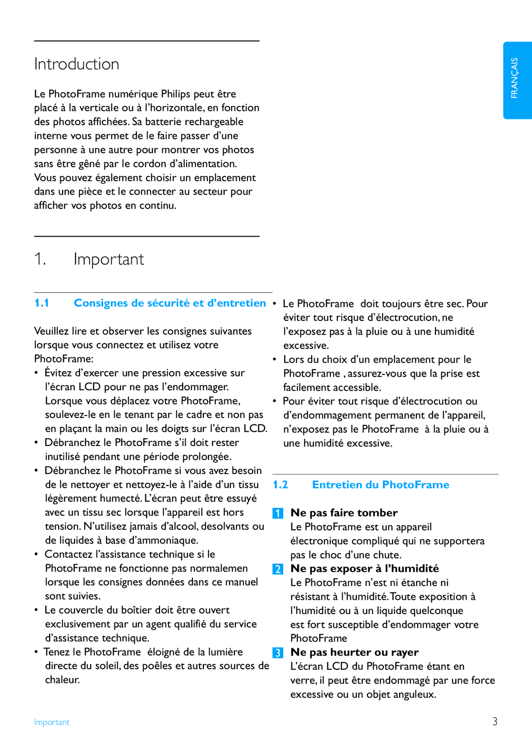 Philips 7FF2 manual Introduction, Consignes de sécurité et d’entretien, Entretien du PhotoFrame, Ne pas faire tomber 